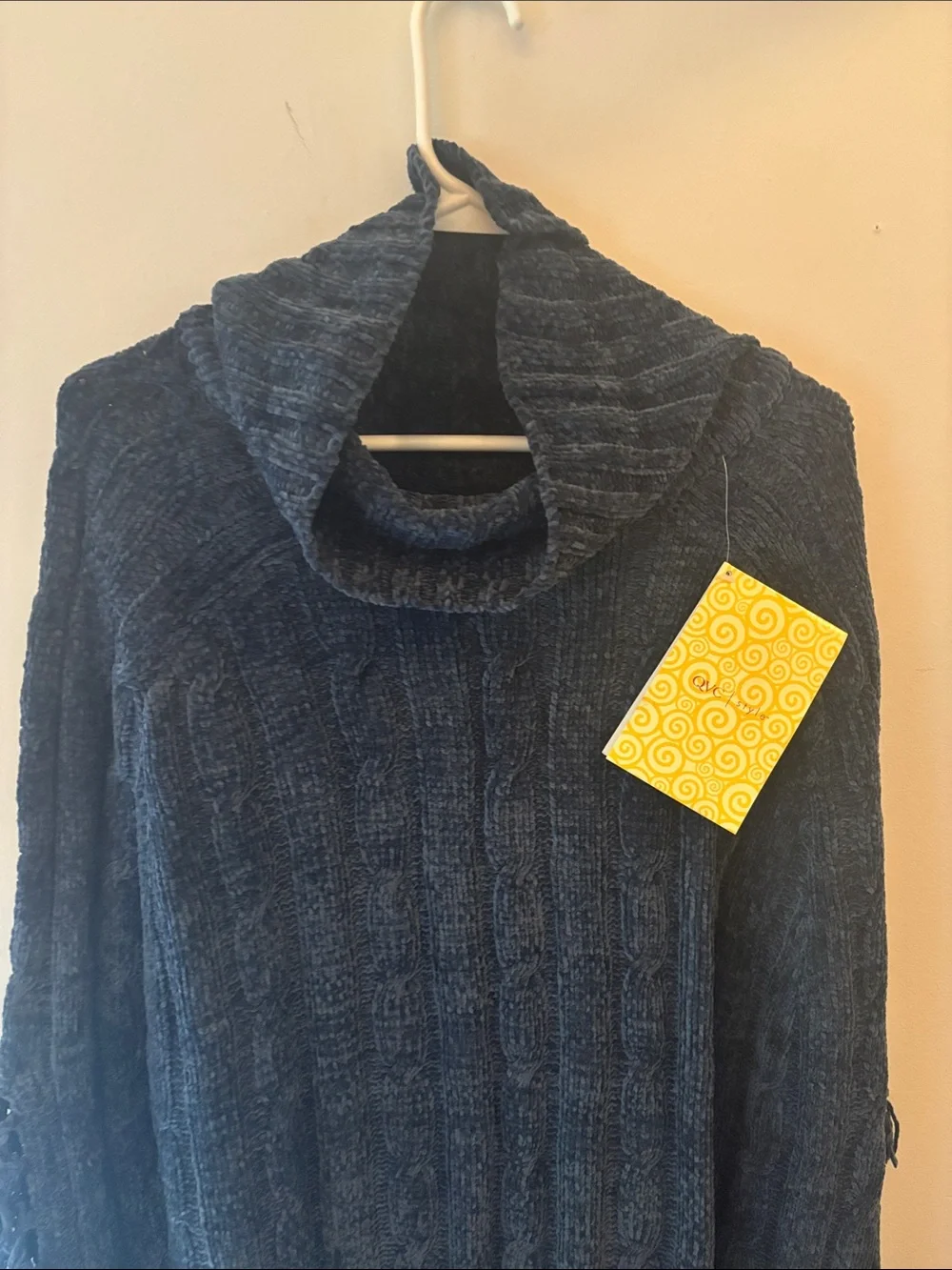 Stan Herman Outside Additions Cable-Knit Fringed Poncho Shawl Navy Blue OSFM NWT